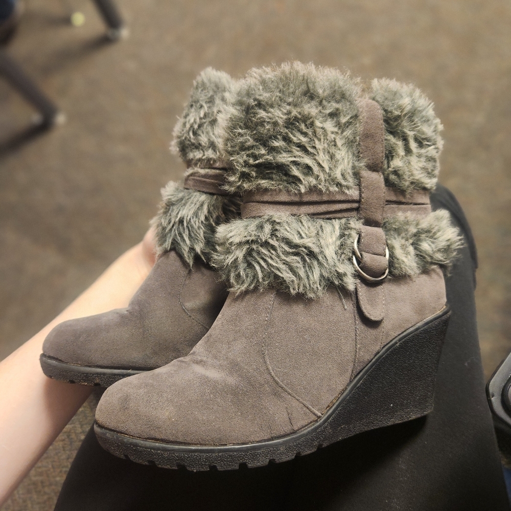 Grey and black faux fur boots suede leather furry booties wedge ankle boots y2k